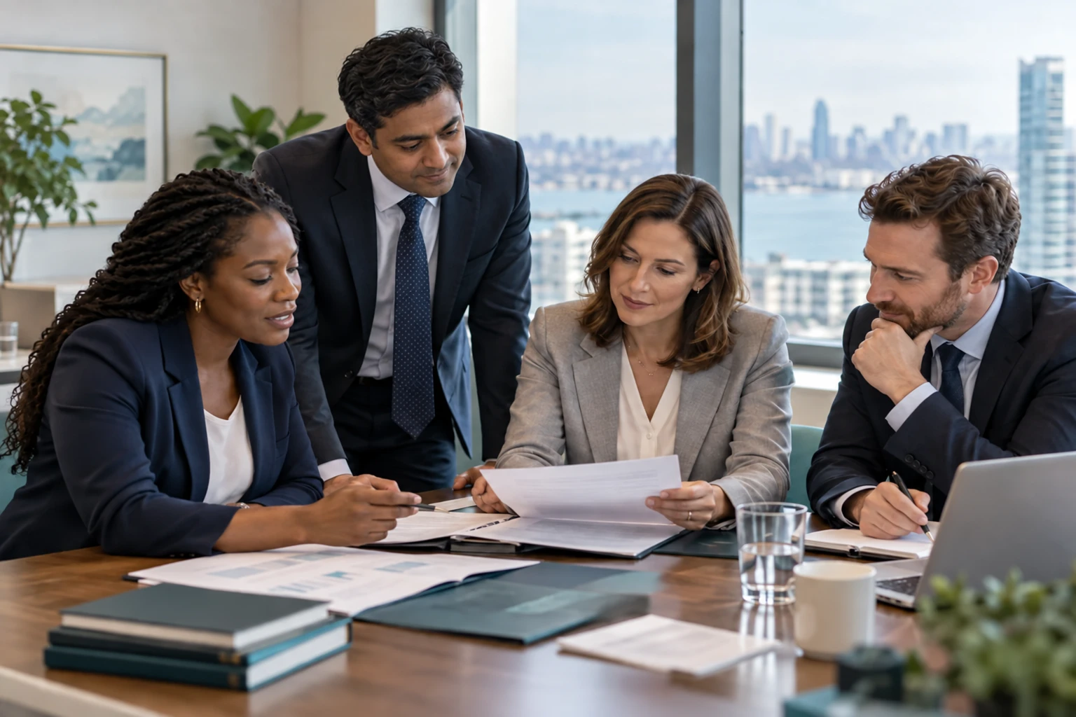 Four business professionals discussing documents around a meeting table